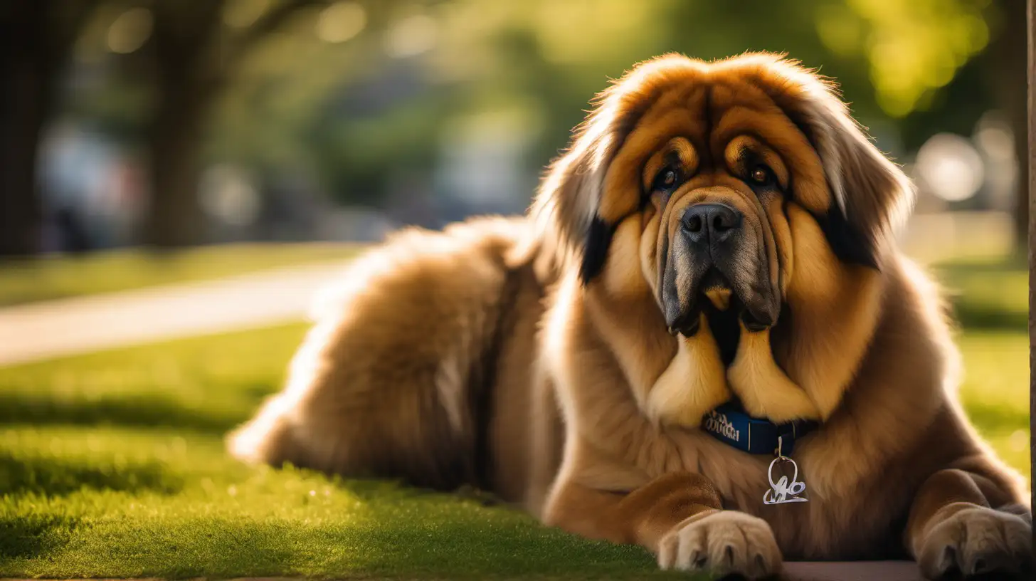 An ultra-realistic photograph captured with a Sony α7 III camera, equipped with an 85mm lens at F 1.2 aperture setting, portraying a Tibetan Mastiff sitting  in a sunlit park. The background is beautifully blurred, highlighting the subject. The park is adorned with lush greenery and blooming flowers, creating a serene atmosphere. Soft sunlight gracefully illuminates the subject’s face and hair, casting a dreamlike glow. The image, shot in high resolution and a 16:9 aspect ratio, captures the subject’s natural beauty and personality with stunning realism –ar 16:9 –v 5.2 –style raw