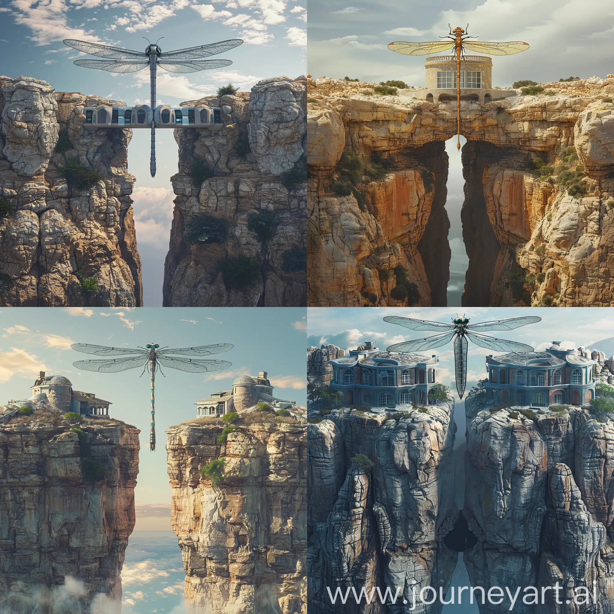 a metaverse dragonfly shaped villa on top of tw cliffs acting as a bride between them with each end of the villa on top of either sides of the cliff