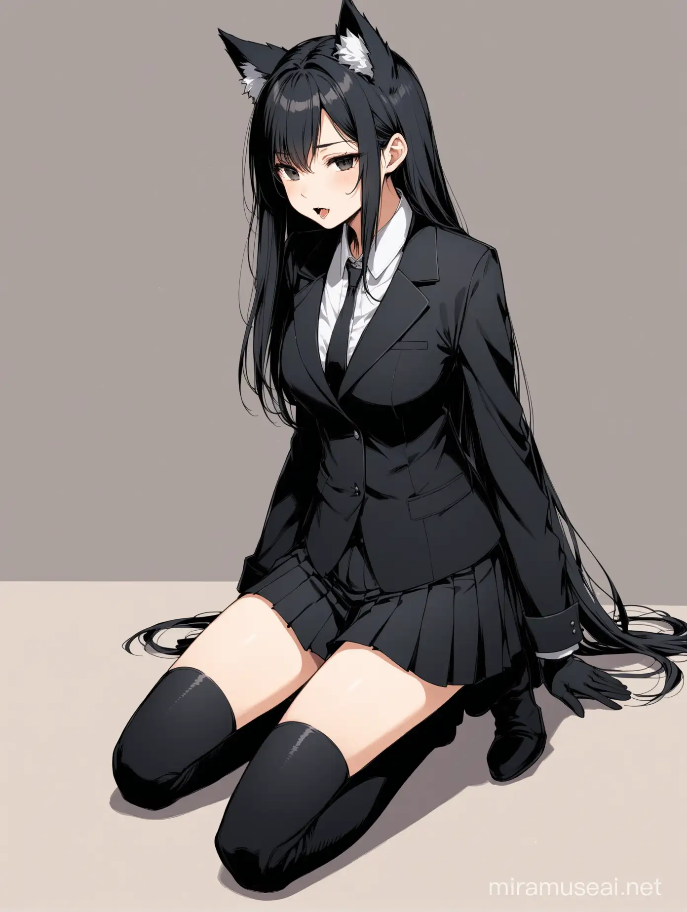 full body view, side profile, tall girl, wolf girl, wolf ears, white ear tufts, black eyes, right eye winking closed, long hair, black hair, short black suit coat, short black pleated skirt, black gloves, long sleeves, black tall thigh boots, neutral expression, fully kneeling down on floor, upright, legs together, head tilted up, mouth open