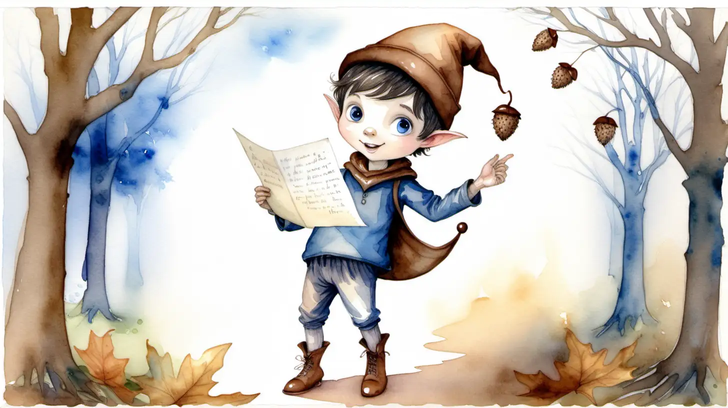A watercolour fairytale picture of a darkhaired, blue eyed boy pixie in a brown acorn hat holding a letter and dancing. 

