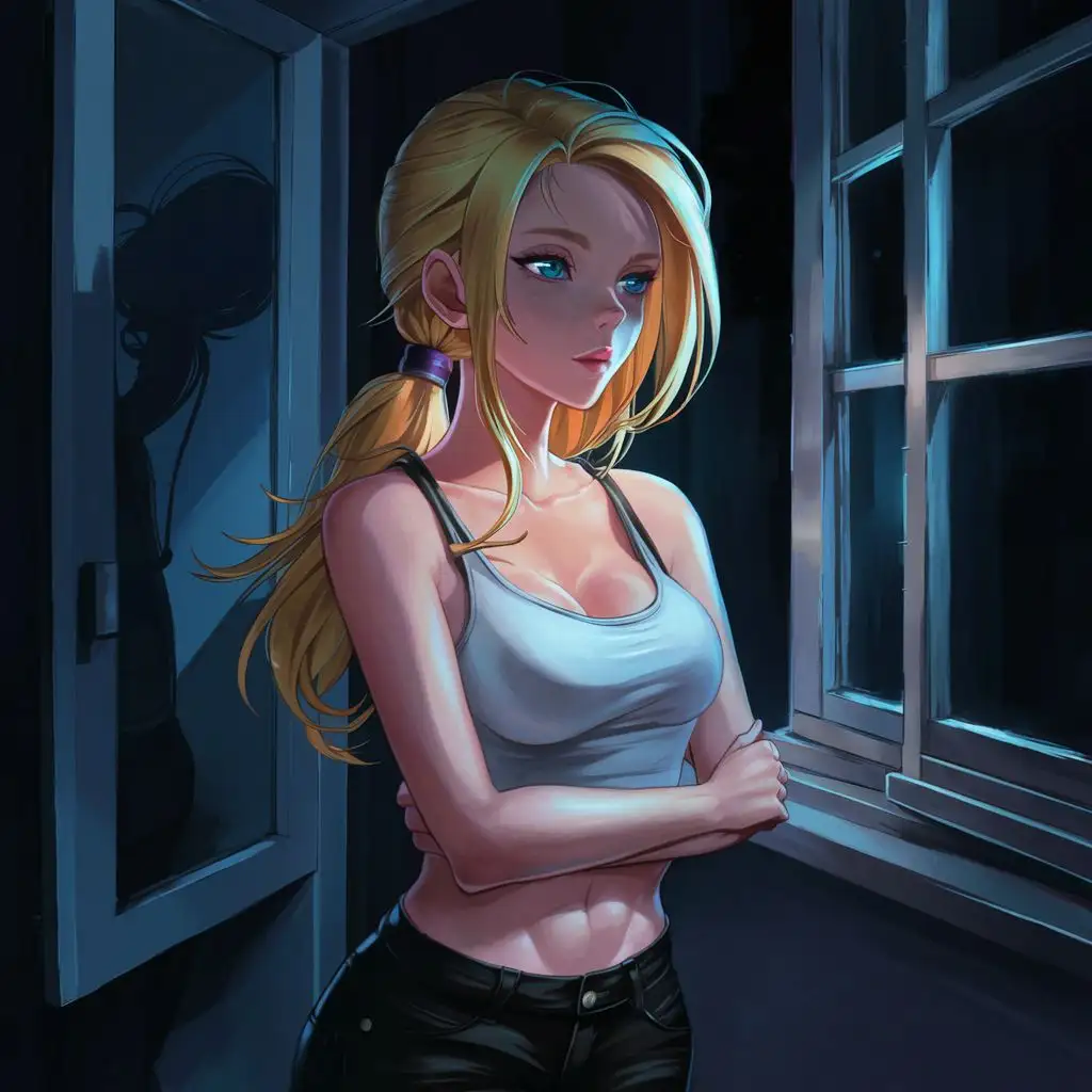 Pensive 25YearOld Woman with Blonde Hair by Window at Night