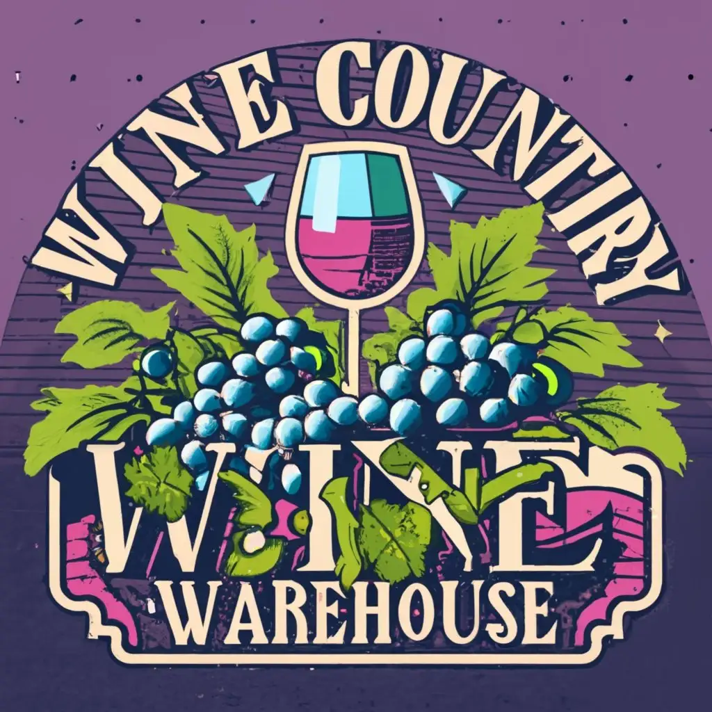 insignia, logo, vector art, emblem, patch, logo, royal chalice wine glass, grapes, grape field, with the text "Wine Country Warehouse", Retro Aesthetic style typography, to be used in Retail