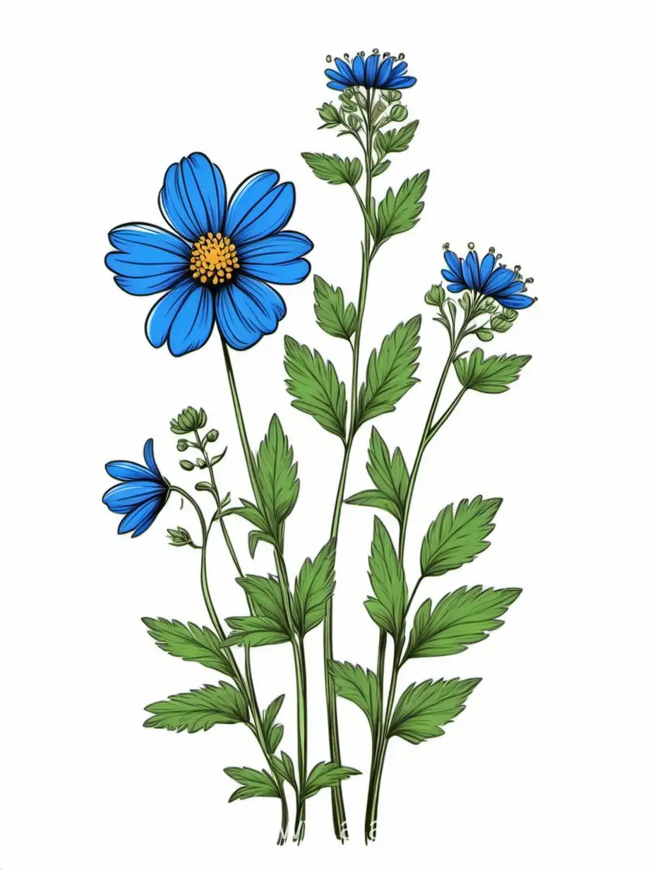 Blue Big wildflower 3 plants lines art, simple, herb, Unique floral, botanical ,grow in cluster, 4K, high quality, white background,