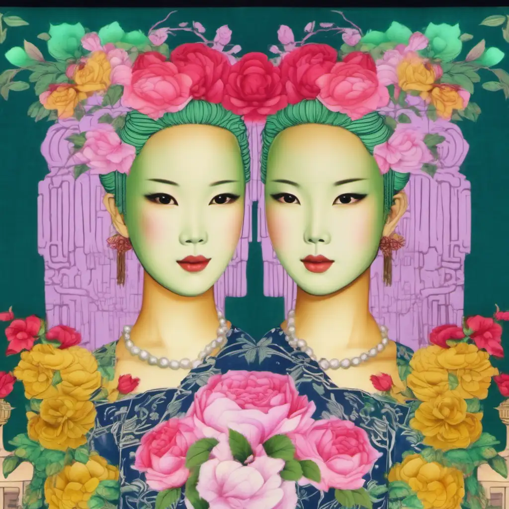 Vintage Asian lady with pink hair and Green chinoiserie headdress vintage floral vase of roses,