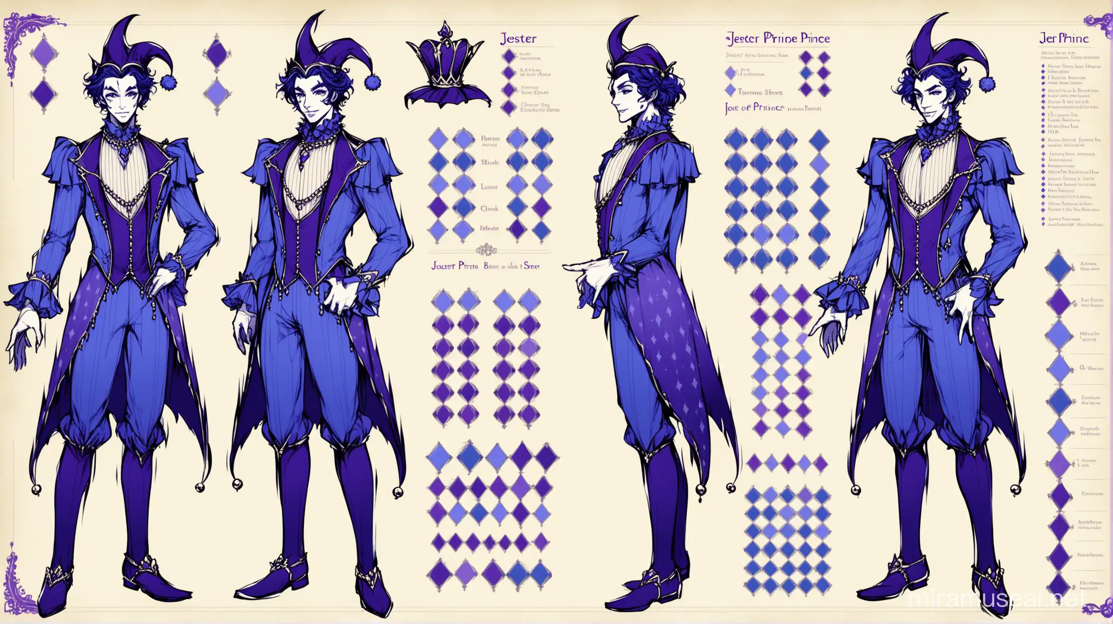 Elegant Jester Prince Character Sheet Various Designs in Blue and ...