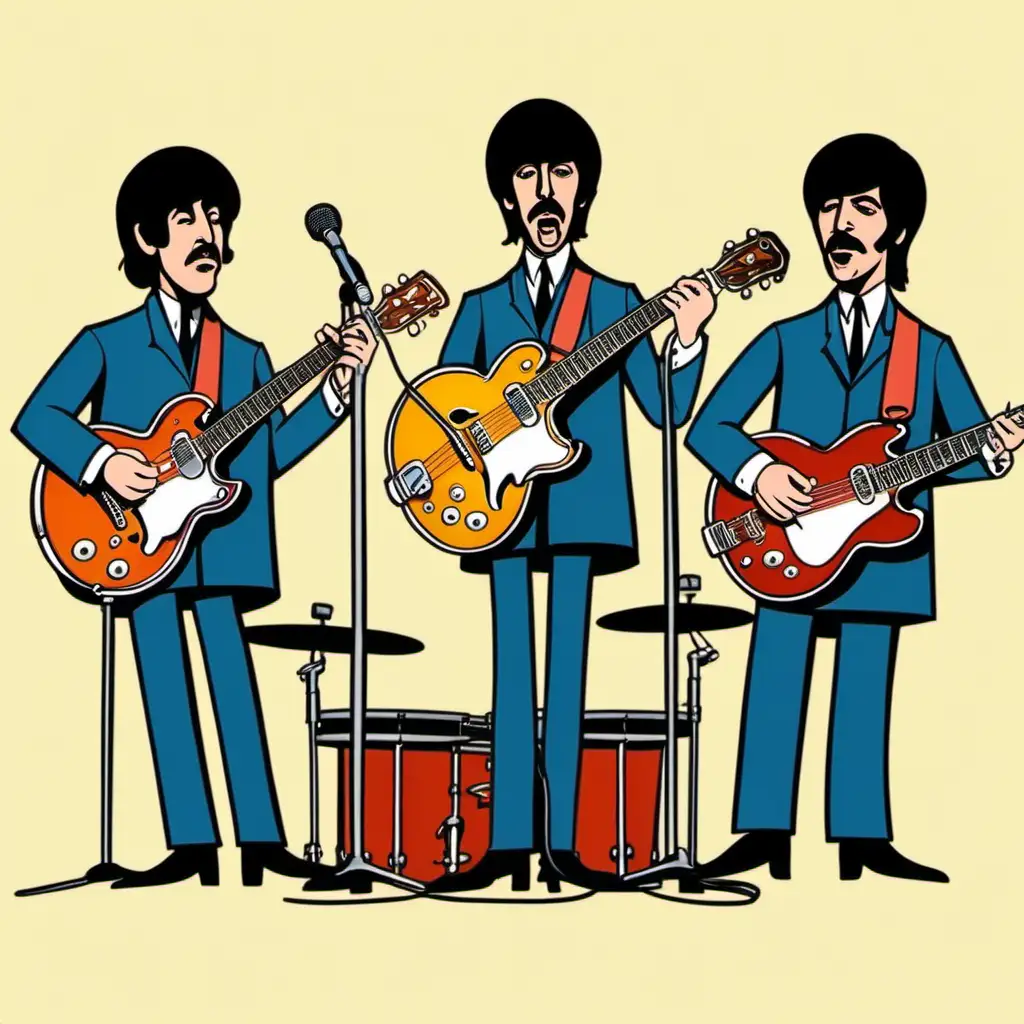 Cartoony, color.Beatles type band plays music