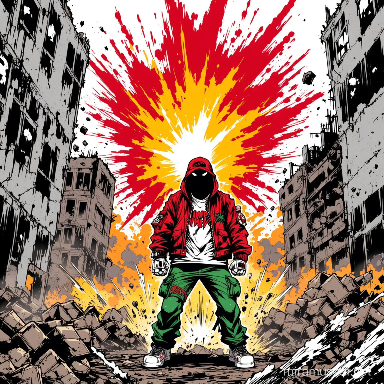 limp bizkit character with explosion in the background, post apocalyptic background, in the style of greg capullo, in the style of todd mcfarlane, american comics style, graffiti style, 90s art style, white background