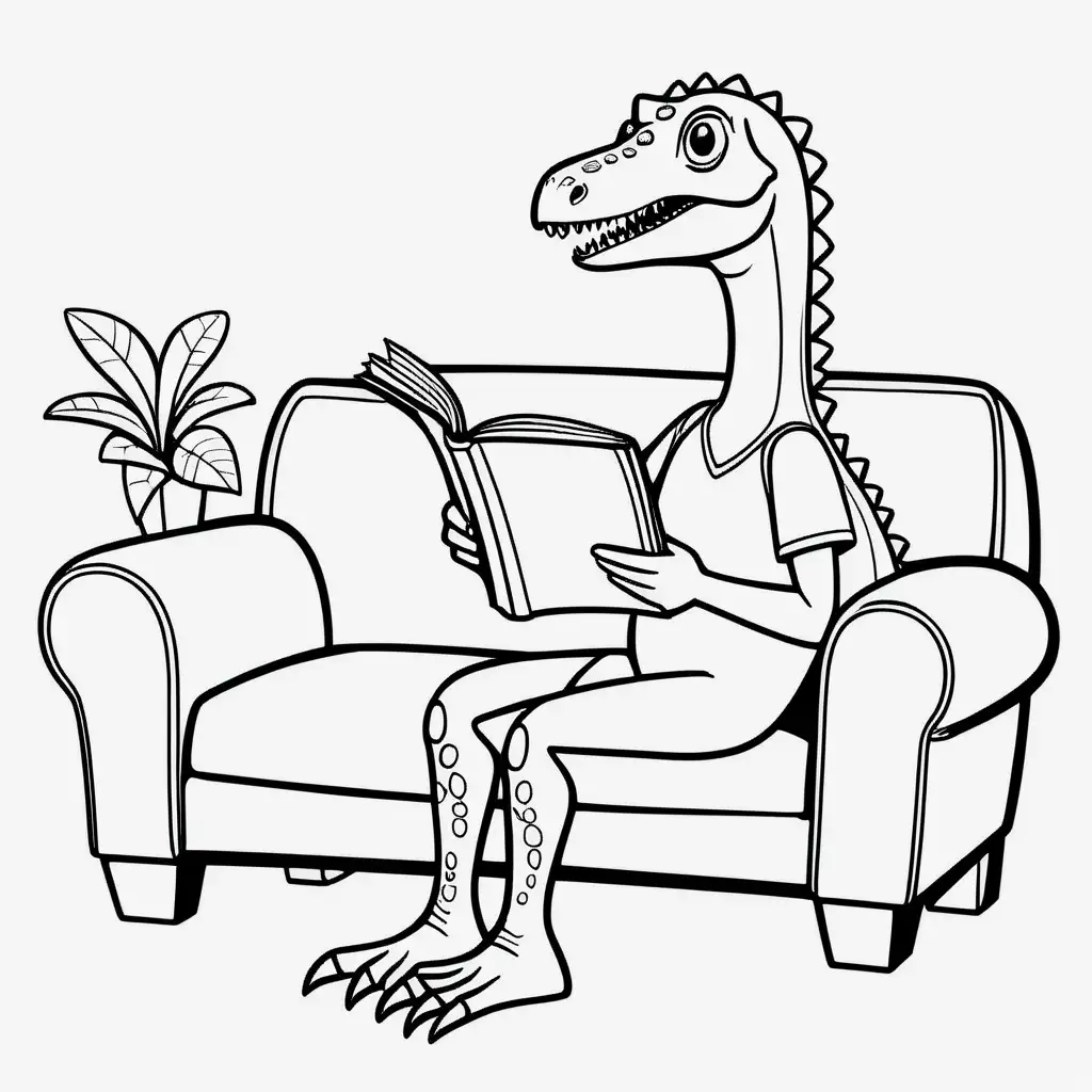 Friendly Velociraptor Coloring Page Dino Reading on Couch