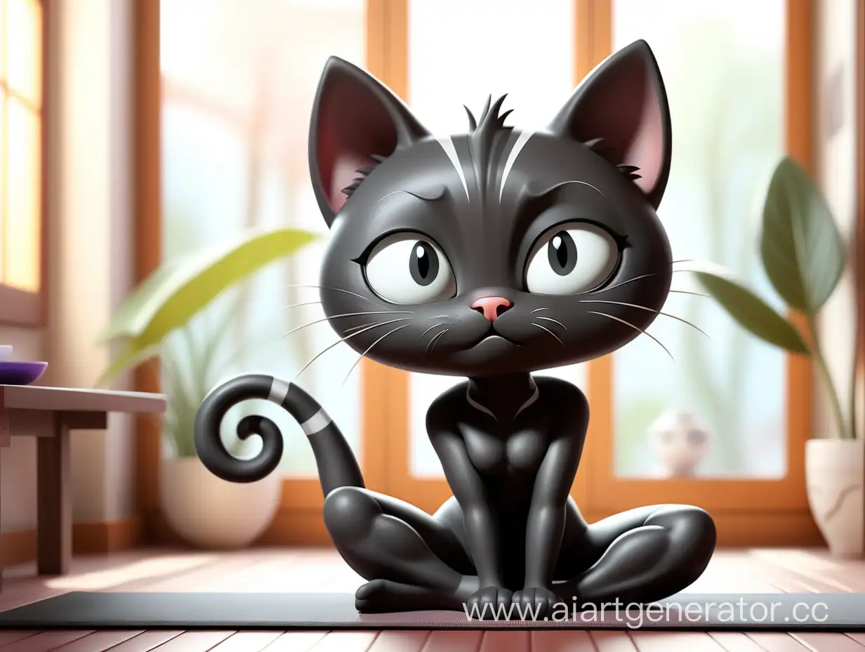 Маленький черный кот с белой полоской между глаз занимается йогой в красивой комнате