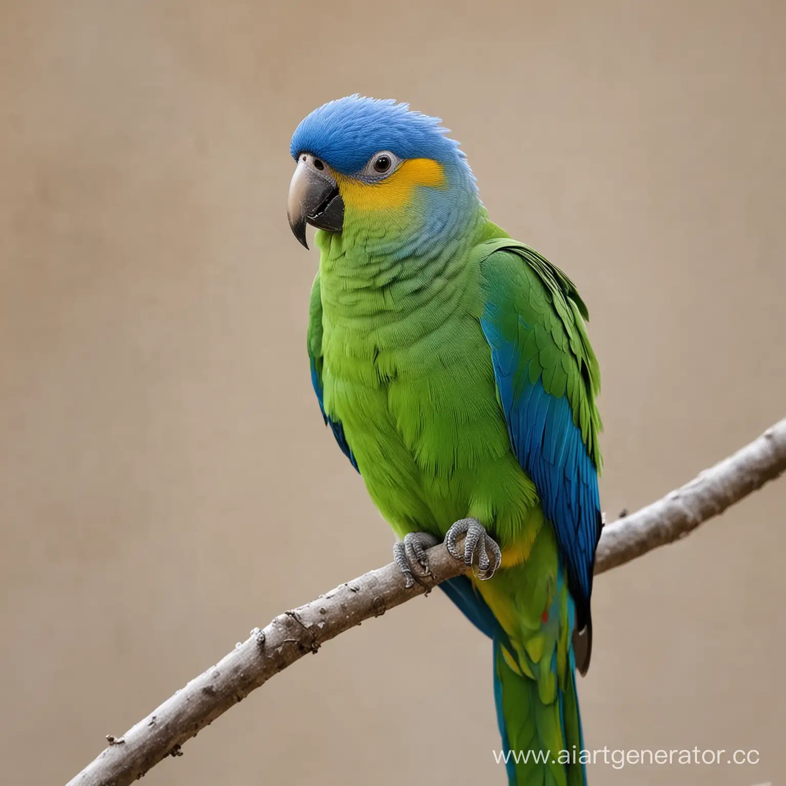 Parrot has got a small blue head, a fat body, and a long green tail.