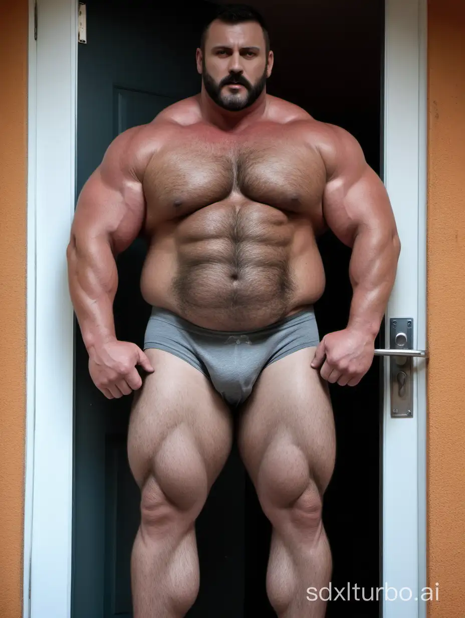 beefy manly muscle bear neighbor. White skin and massive muscle stud, much bodyhair. Muscle posing at his open apartment door. Cocky intimidating Szenario. Huge Fat body. Long Strong legs. Full body diagram. 2m tall. Very Big Chest. Giant Biceps. 8-pack abs. Very Giant Body. Very Strong Wide Body. Wearing underwear.