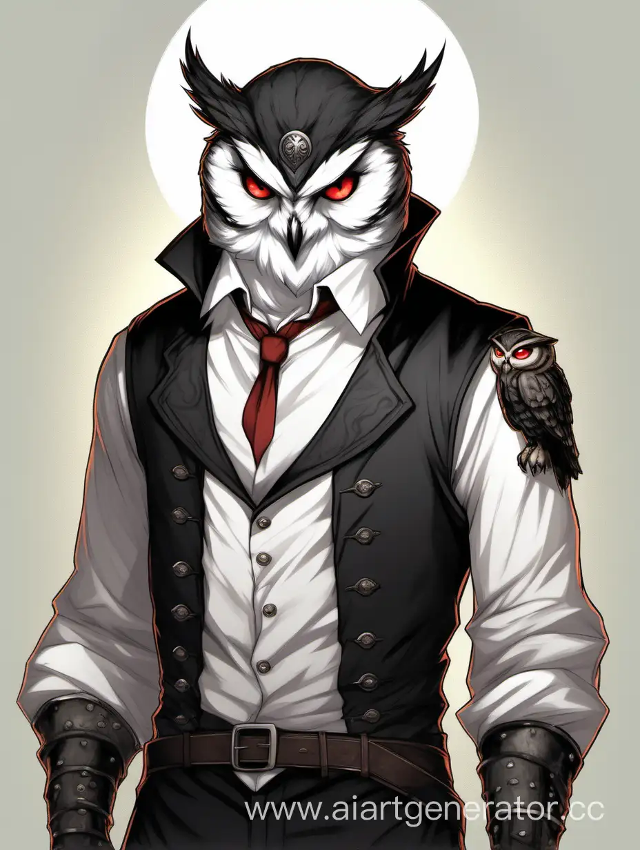 Парень-Сова, немного накаченного телосложения, с красными глазами и белыми узкими зрачками как у кошек. Одет в белую рубашку и в чёрную средневековую жилетку и в чёрных брюках.  