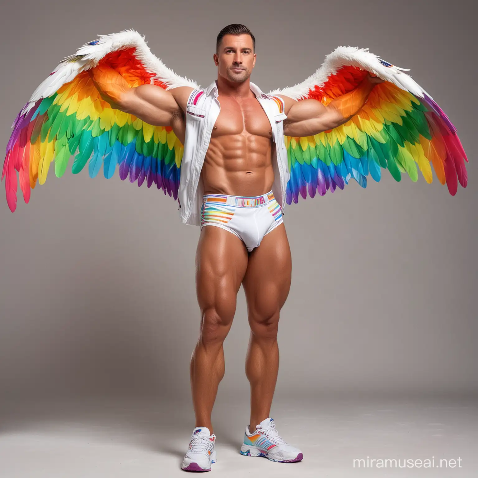 Full Body to feet Topless 30s Ultra Chunky IFBB Bodybuilder Daddy wearing Multi-Highlighter Bright Rainbow Coloured with white See Through Eagle Wings Shoulder Jacket Short shorts Flexing his Big Strong Arm