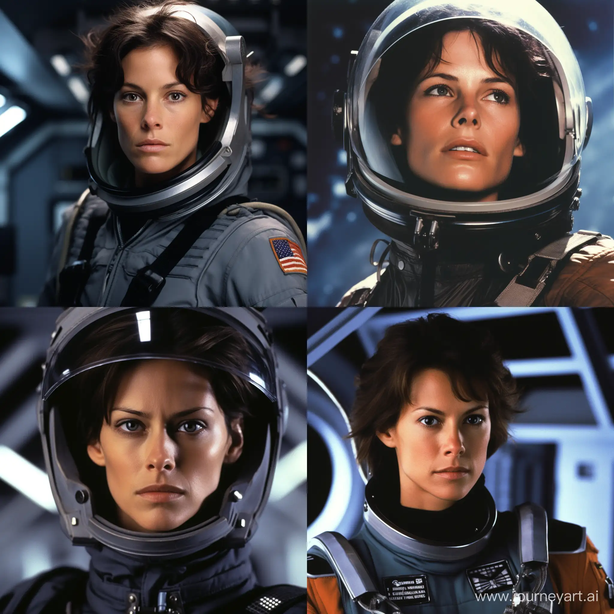 Medium shot, Jamie Lee Curtis, age 25,  long dark hair, alluring space uniform.  Trapped in a spaceship laboratory with an alien xenomorph.  Horror, action, glossy, exciting.  Ridley Scott Alien film.  Style of Greg Rucka, Ted McKeever.