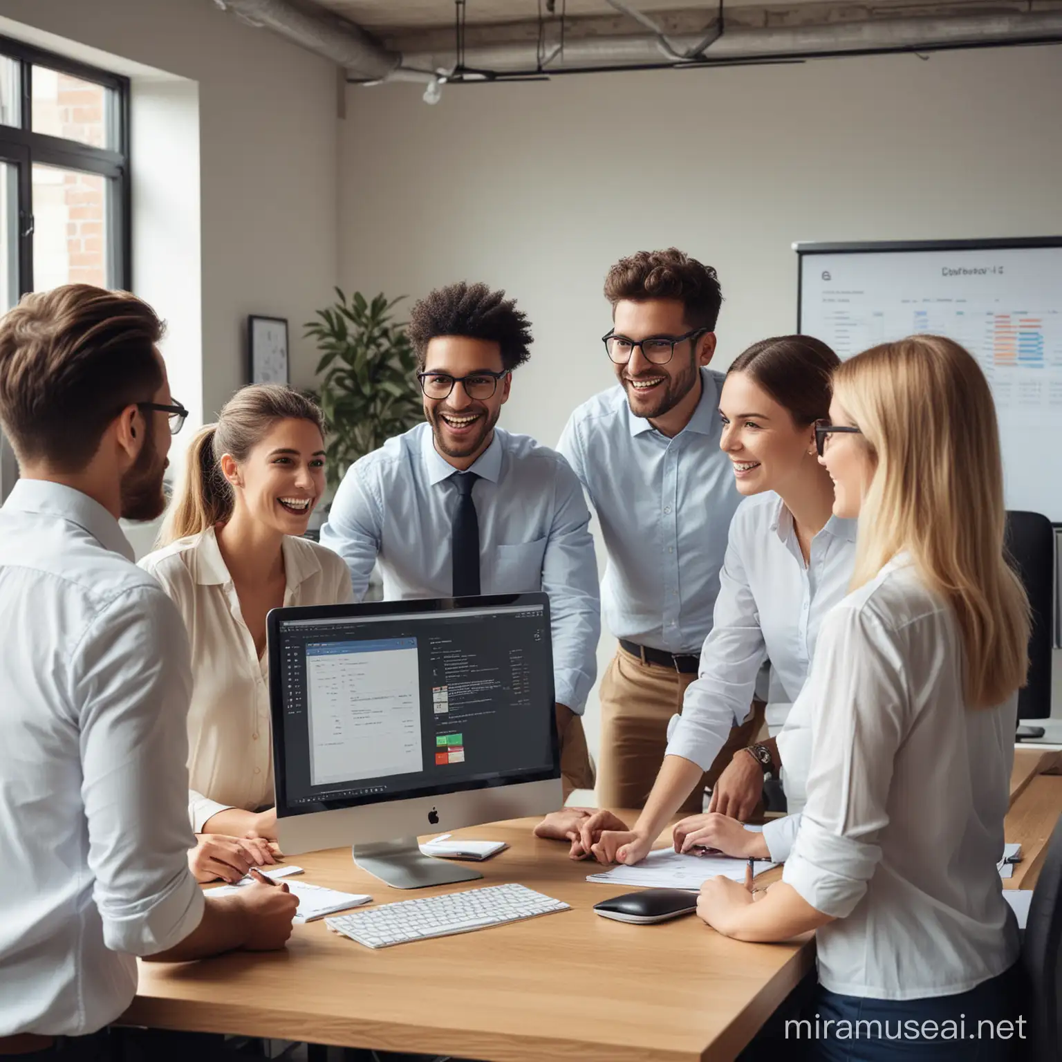 A picture of a group of friendly colleagues accomplish a business goal together. The setting is in a modern office and the people are standing in front of a pc with a ledger open.