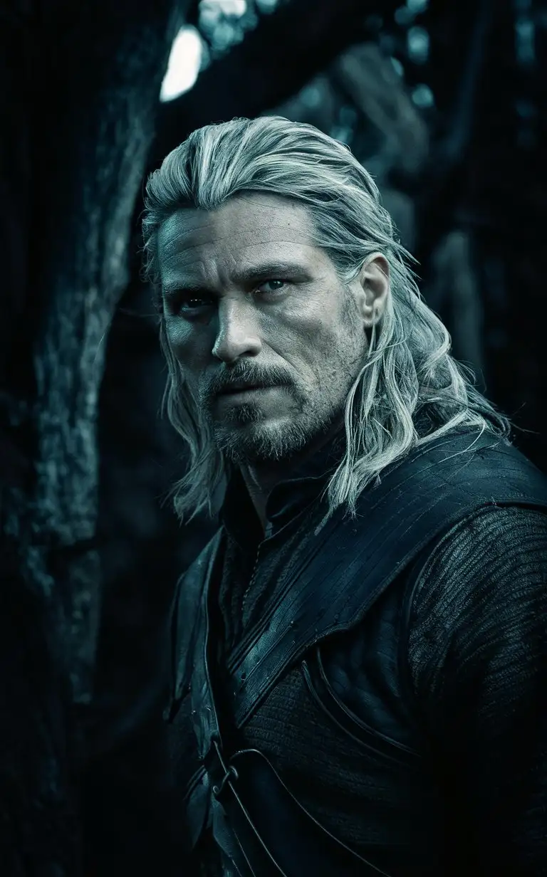 photography of (Heath Ledger) as Geralt of Rivia, standing in a dark forest, professional shot, natural pose, closeup, portrait