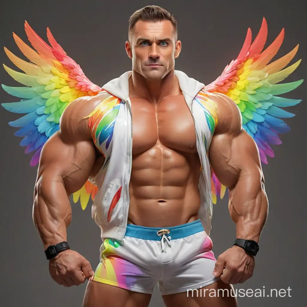 Studio Light Topless 30s Ultra Chunky IFBB Bodybuilder Daddy with Beautiful Big Eyes wearing Multi-Highlighter Bright Rainbow with white Coloured See Through Eagle Wings Shoulder LED Jacket Short shorts left arm Flexing Bicep Up Pose