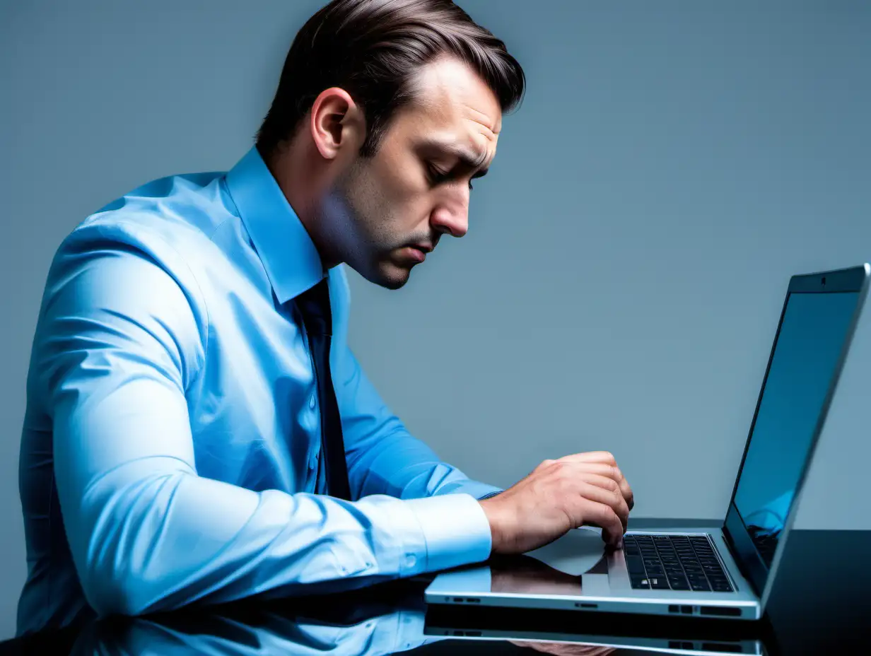 professional photo of a sad sales rep writting on a laptop. photo from the side. sales rep looking at laptop. with reflection. light blue theme.