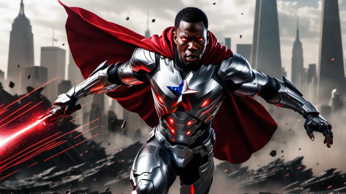 Black man in silver armor with cape flying towards the screen shooting red lasers from his eyes with America in background destroyed