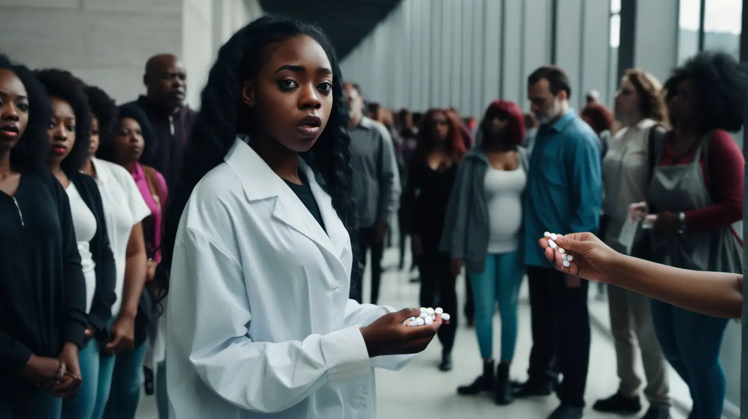 a young black lady standing in a long line being forced to take a pill inside a big building