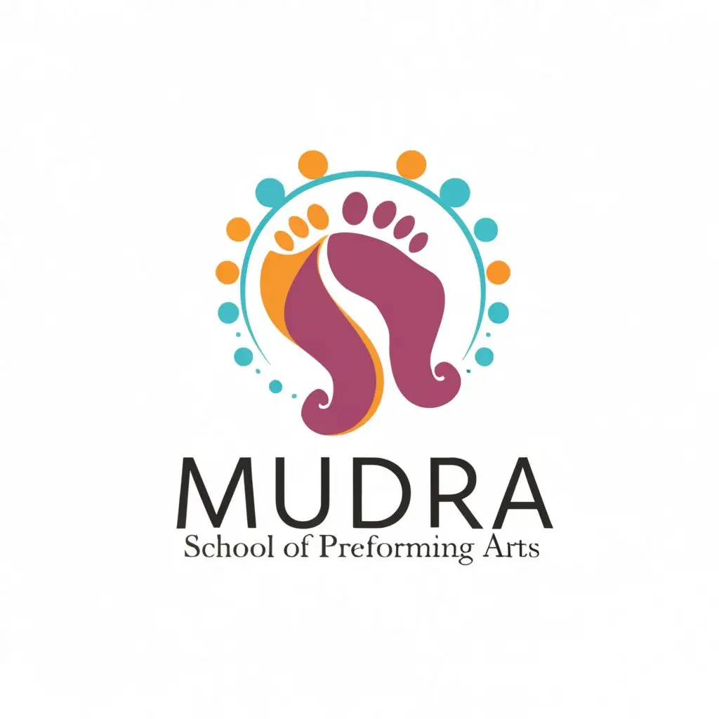 a logo design,with the text "Mudra School of Performing Arts", main symbol:A dancing Feet wearing Aknlets, Indian Classical Dance, Bharatanatyam Feet, Minimal, Elegant, Sohpsticated, Vibrant,Minimalistic,be used in Entertainment industry,clear background