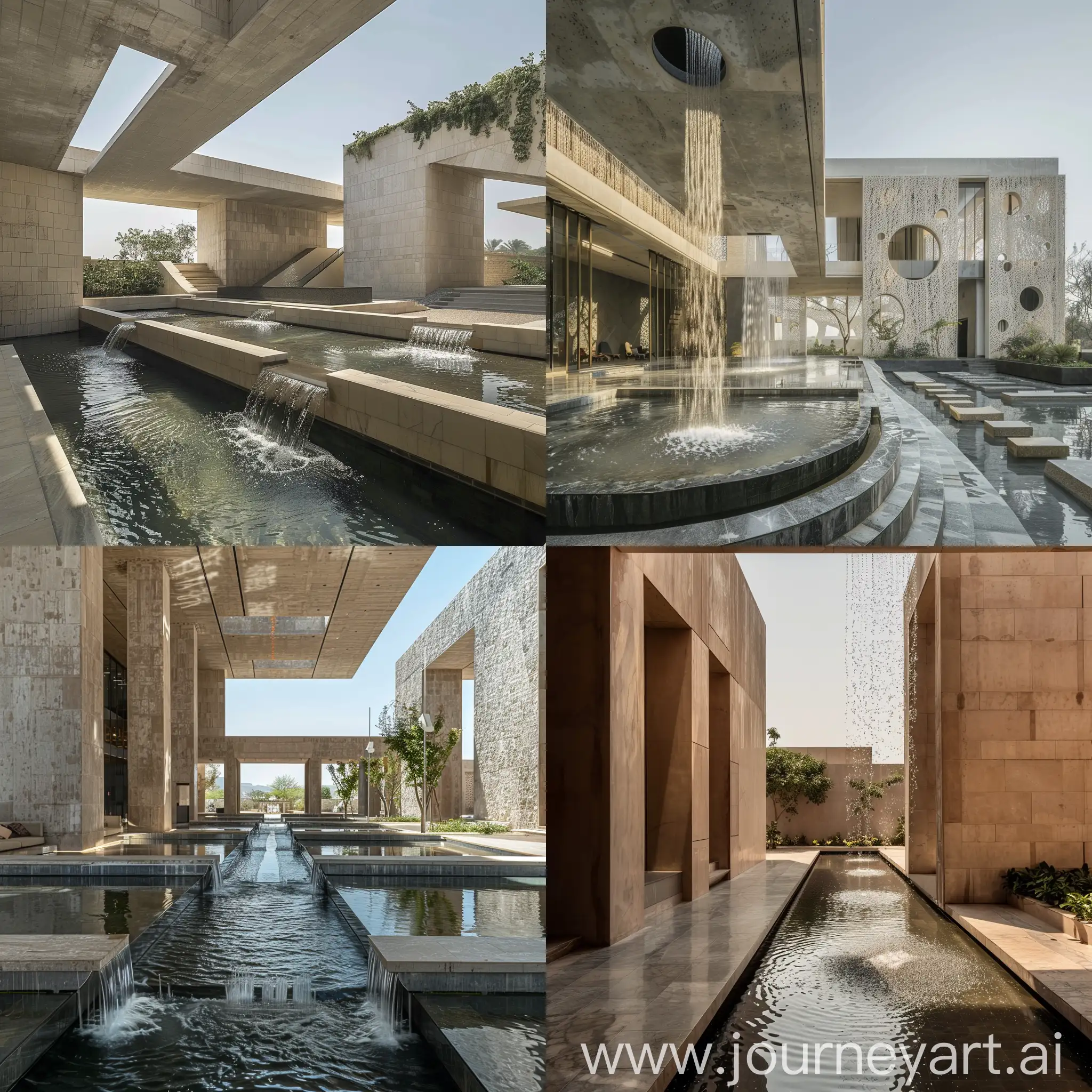 Step into a world of contemporary elegance as you enter this public space in Rajasthan, featuring a stunning water feature and cutting-edge design.