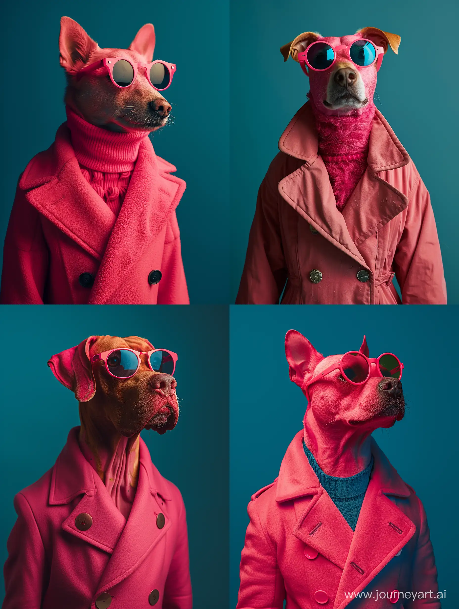 in a room In front view portrait of a dog breed wearing 1960s mid-century space-age fashion backdrop is a deep neutral blue setting a stark contrast that accentuates the subject fluorescent pink shader wearing a very fashionable lounge coat and sunglasses are a hip 1960s style clothing all in one color –chaos 15 --ar 3:4 --style raw --stylize 261 --v 6