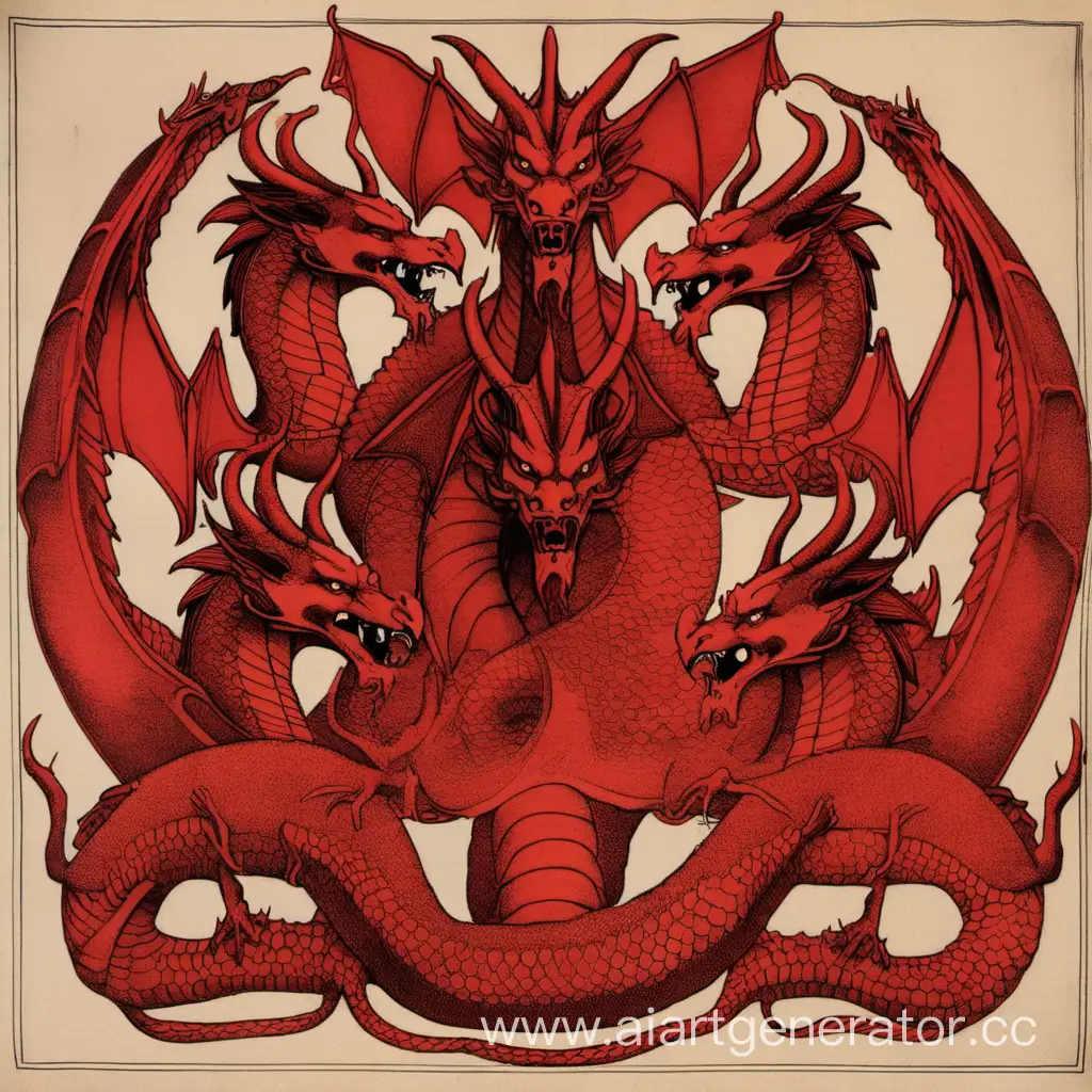 Красный дракон с семью головами и десятью рогами