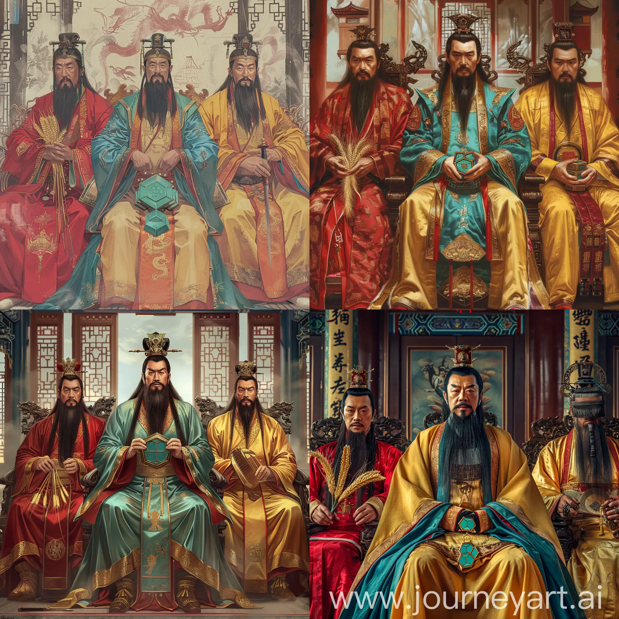 three middle-aged elegant Chinese emperors Tang Taizong with long black beards are sitting on their imperial thrones,

the first left one in red imperial clothes has a  wheat ear in his hands,

the second middle one in turquoise imperial clothes has a turquoise bronze hexagon in his hands,

the third right one in yellow imperial clothes has a Chinese style sword in his hands,

they are all inside a splendid Chinese Palace,