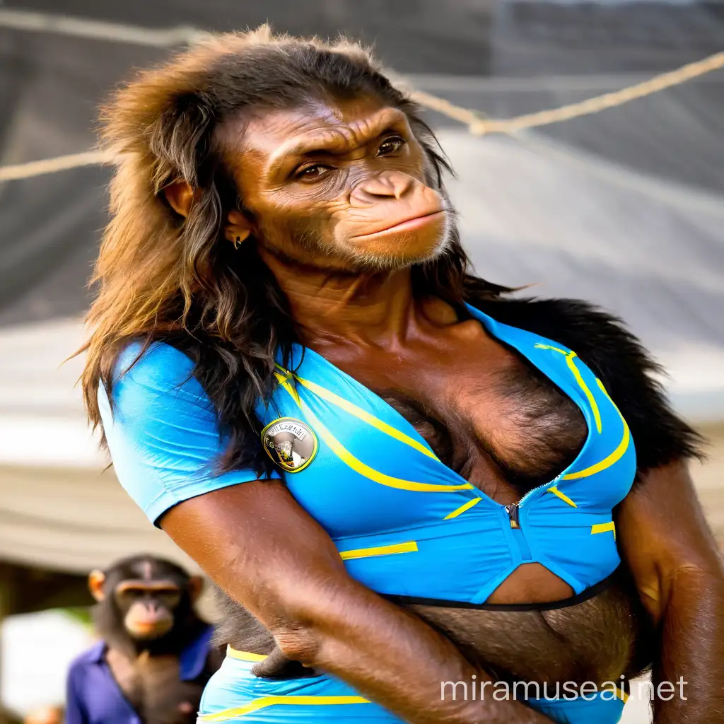 A very hairy woman transform to werechimpanzee showing the very hairy female body with brown skin and sweaty hairy boobs and hairy black chimpanzee faces and black face skin and long hair