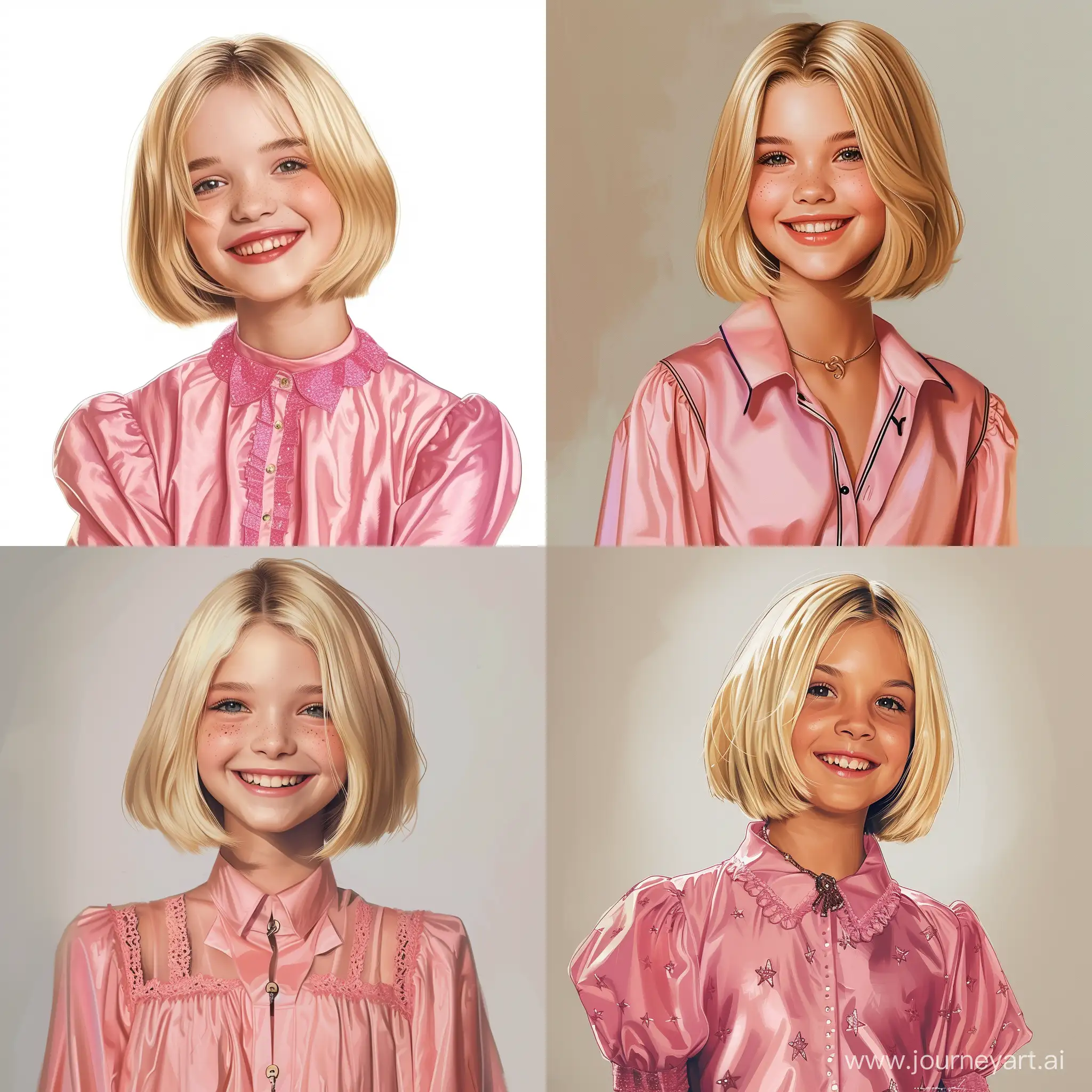 cute young blonde teen who looks like Drew Barrymore, smiling, realistic drawing, digital, straight short hair, bob bob, pink glam rock blouse, punk makeup