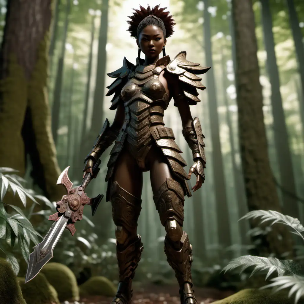 Three-dimensional Unreal Engine model of a 6-foot tall young japanese melanin woman, bipedal and armed with weapons, wearing custom armor, detailed hair texture, dynamic warrior pose, set in a whimsical forest environment --ar 9:16 --stylize 250 --v 6