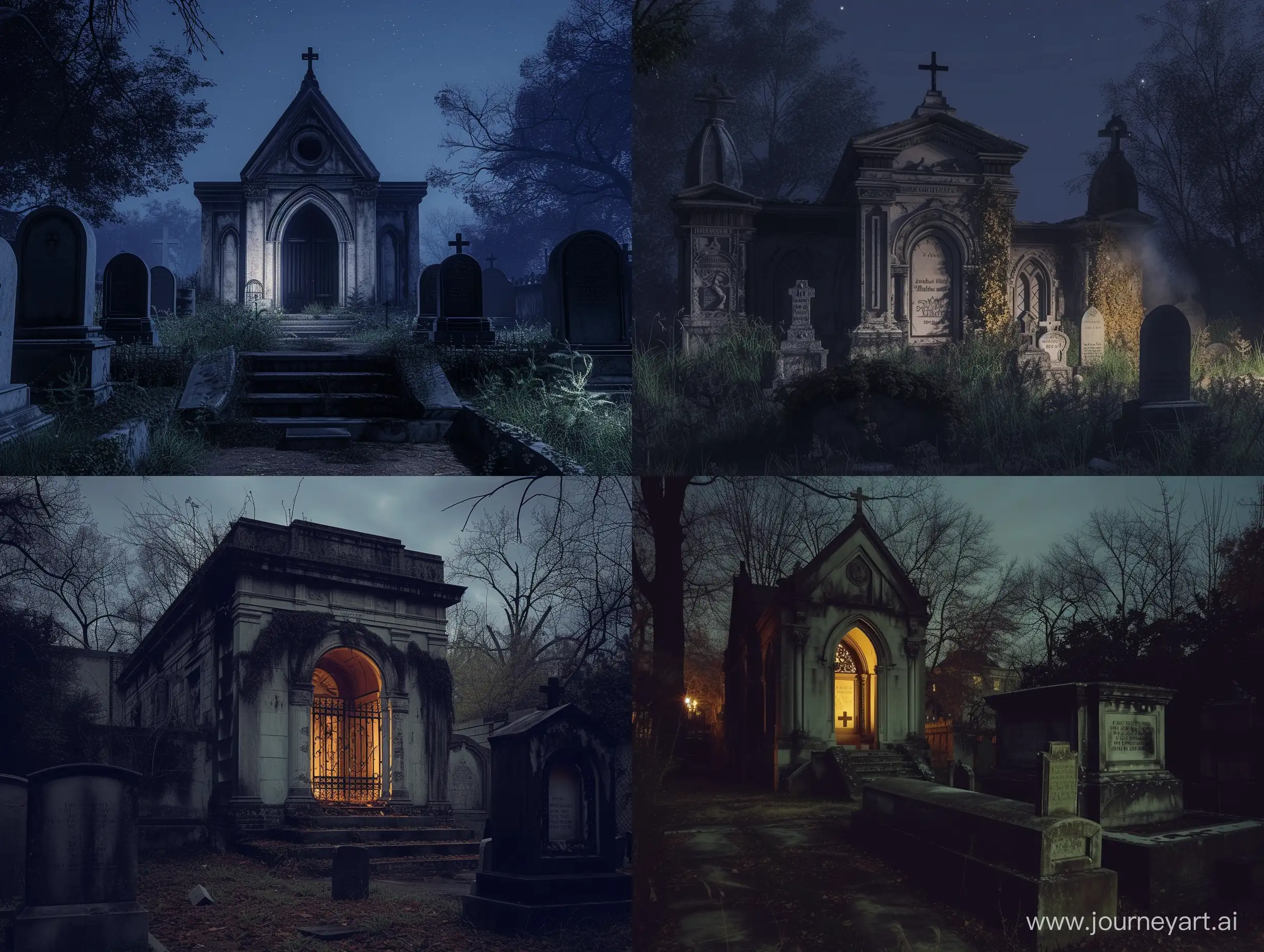 old American cemetery, front view, night lighting, darkest dungeon style
