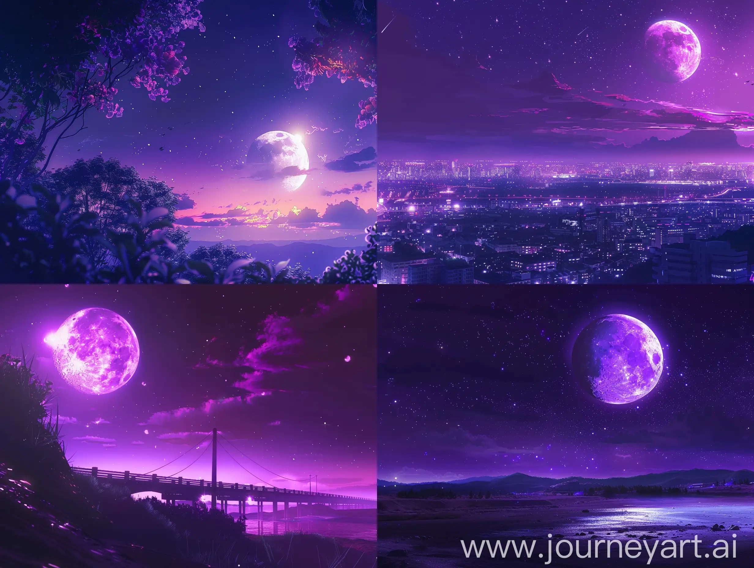 purple night background, anime style, 4K, high quality, moon, cinematic shot, futuristic, artistic, high definition