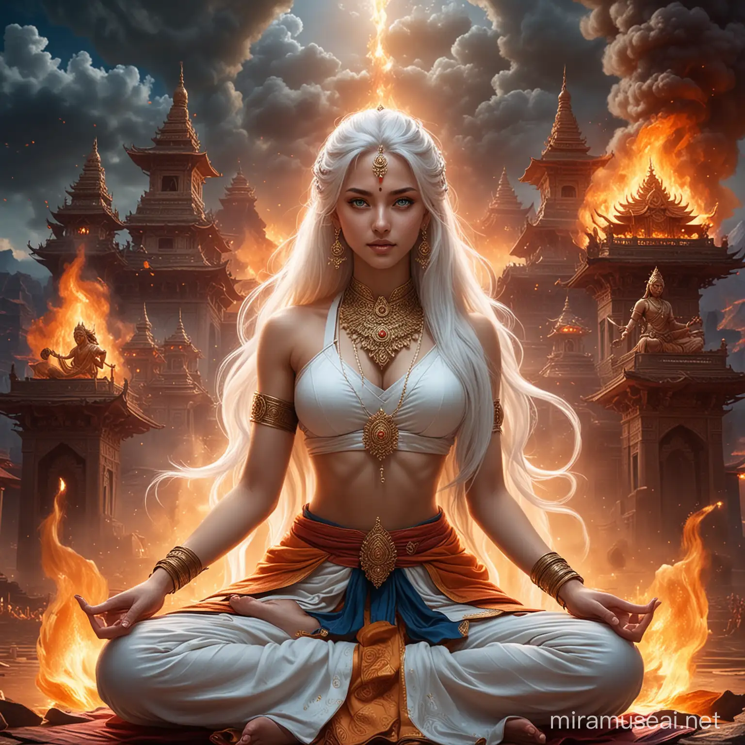 Fierce Hindu Empress in Lotus Combat Amidst Fiery Demonic Goddesses