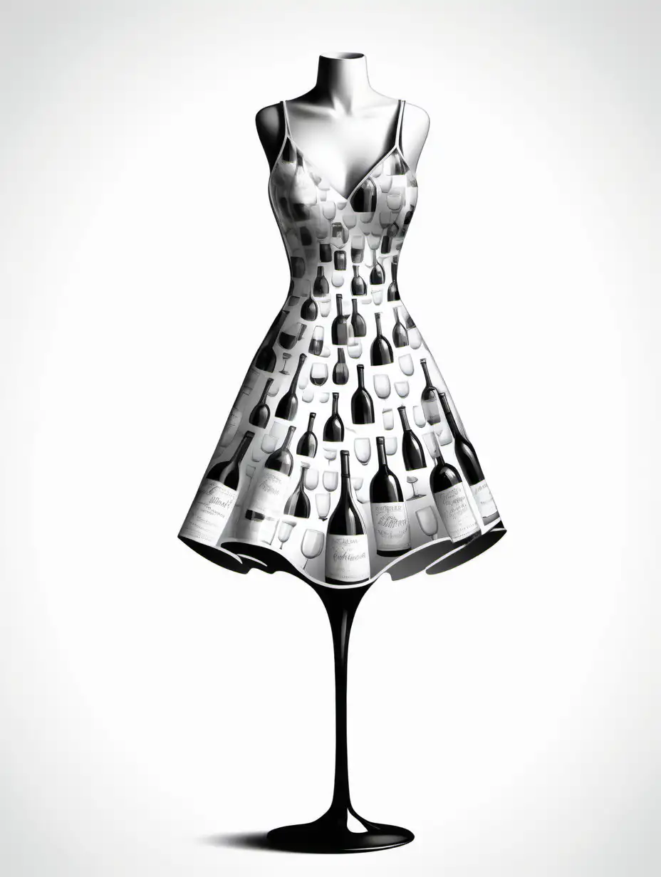 wine glass dress, illustrated, black and white with white background