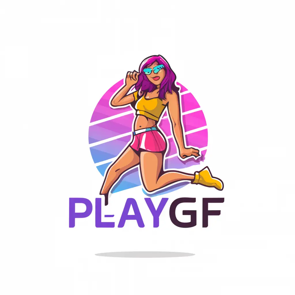 a logo design,with the text "playgf", main symbol:super short skirt cam girl,Moderate,clear background