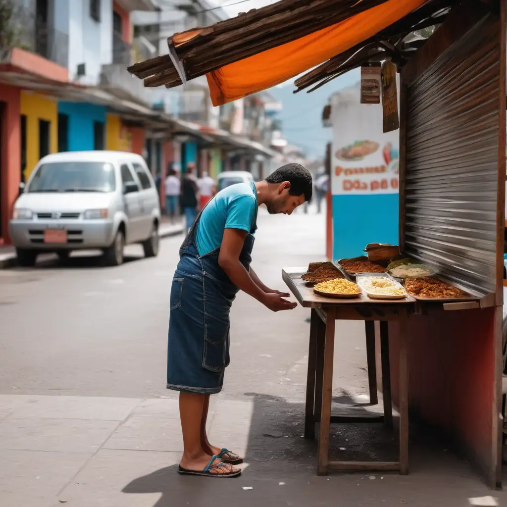 Persona orando de pie antes de abrir su puesto de comida en la calle en latinoamerica
