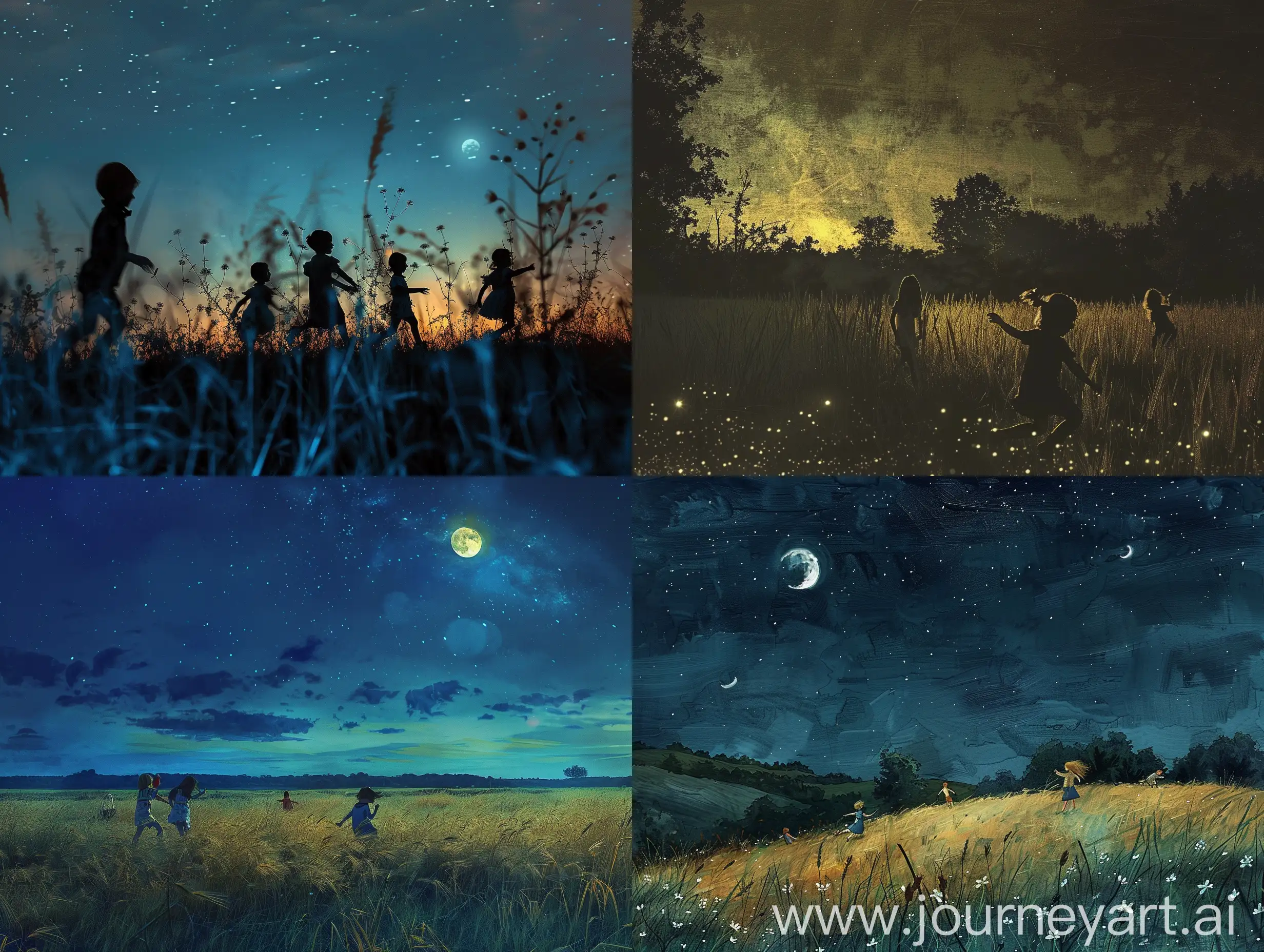 create images of fields with children playing at night