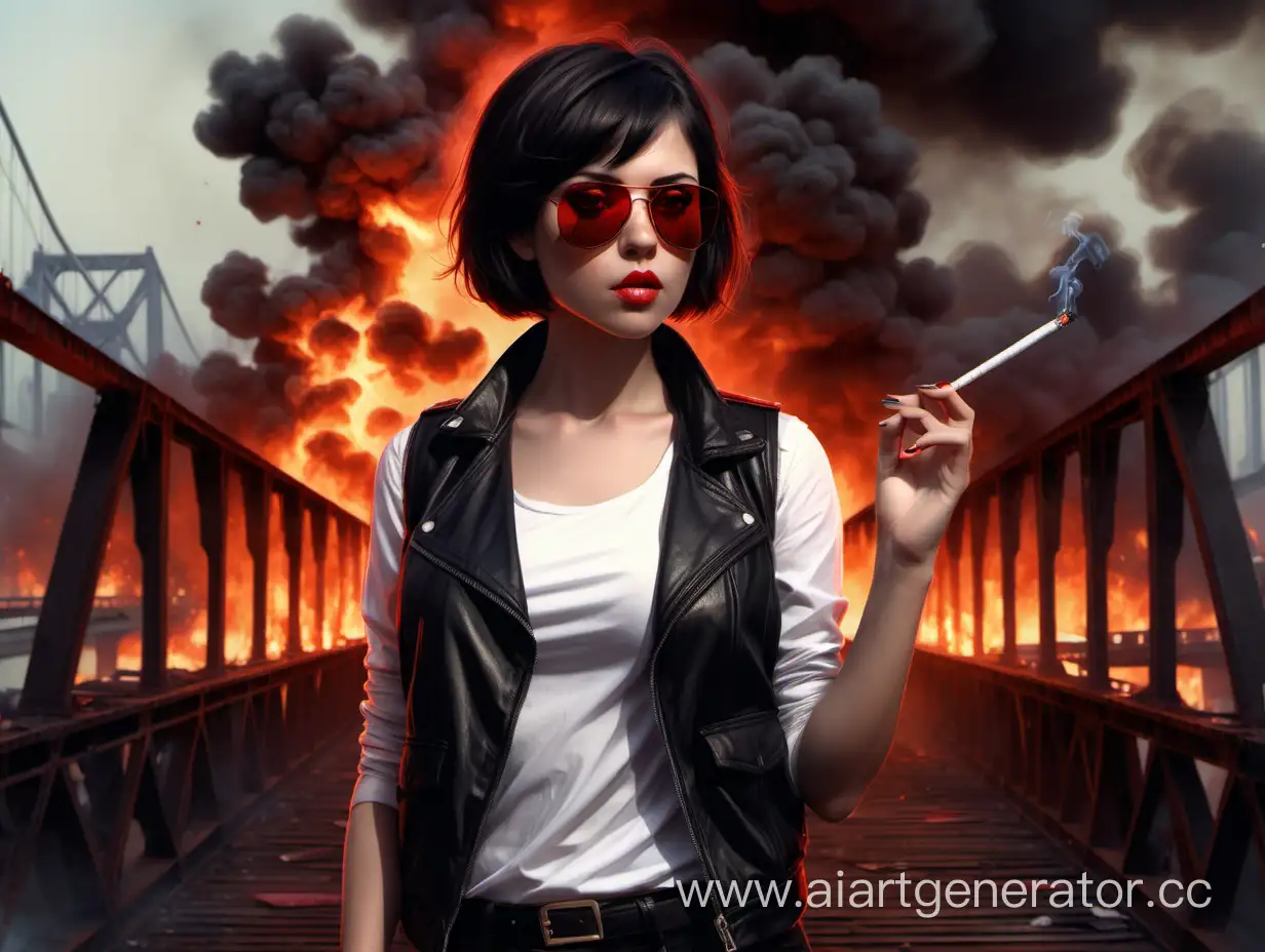 арт в стиле фэнтези. девушка с недлинными темными волосами стоит на фоне горящего моста. во рту держит сигарету которую хочет подкурить . у девушки надеты темные очки авиаторы, на ней белая рубашка с красной жилеткой, сверху чёрный пиджак