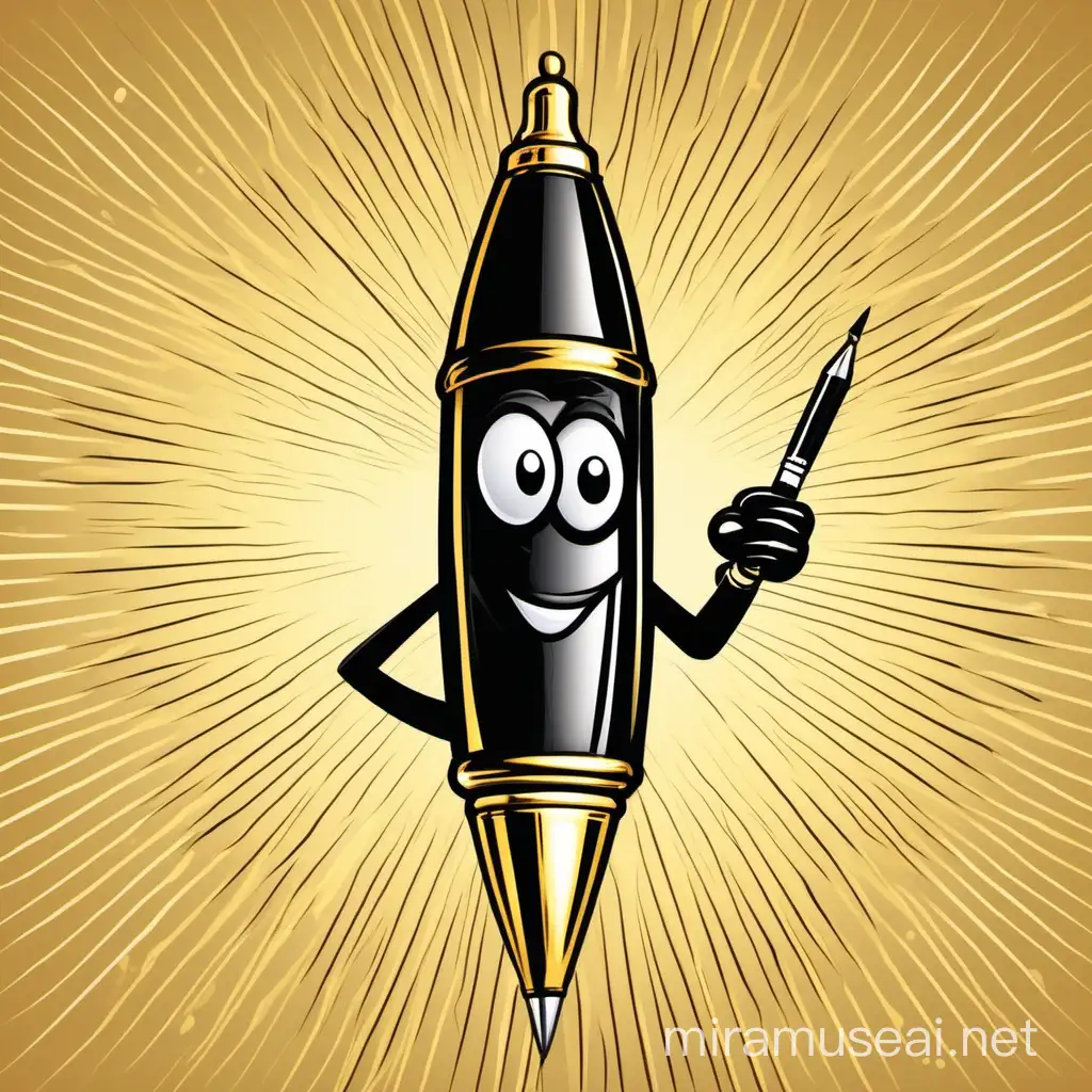 Cheerful Retro Vector Illustration of Anthropomorphic Pen Mascot in Black and Gold