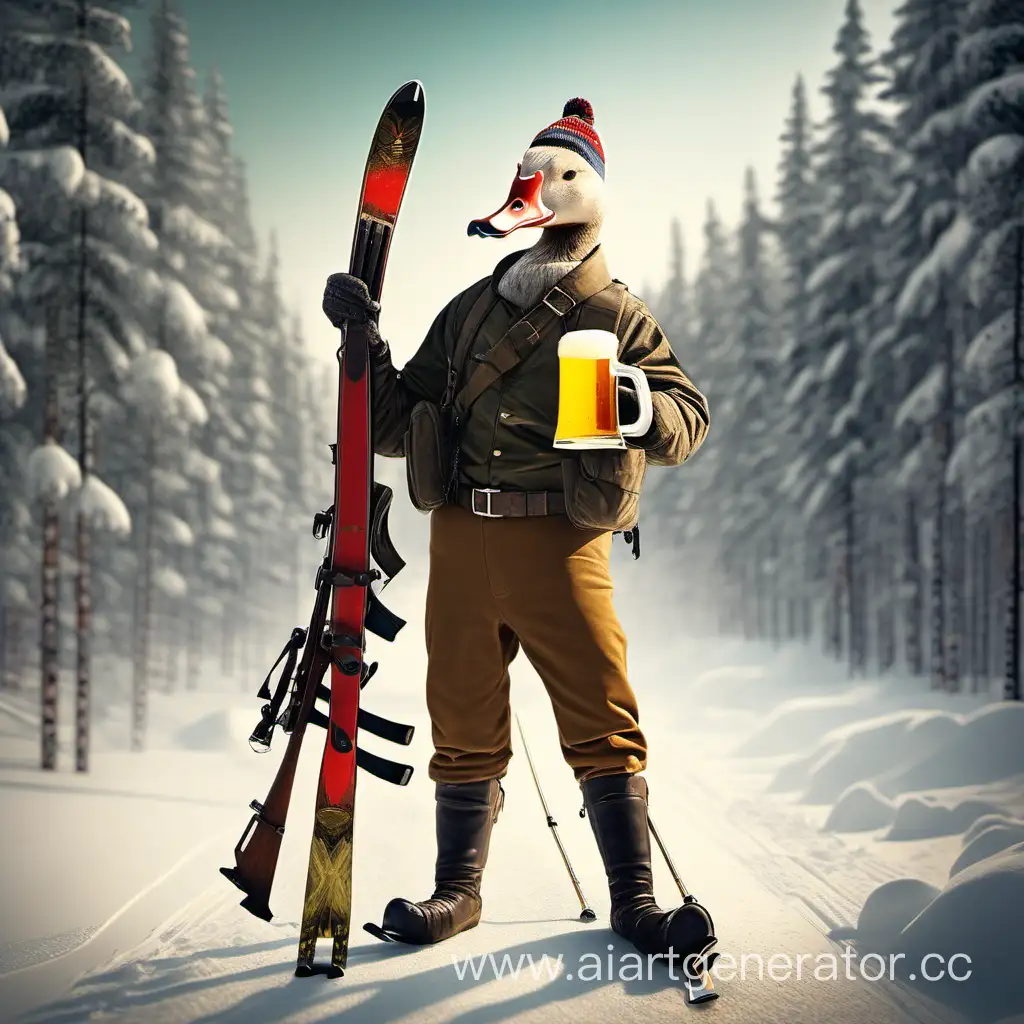 гусь-биатлонист как человек пьет медовуху. он держит винтовку и пиво, а на ногах лыжи. вокруг лес

