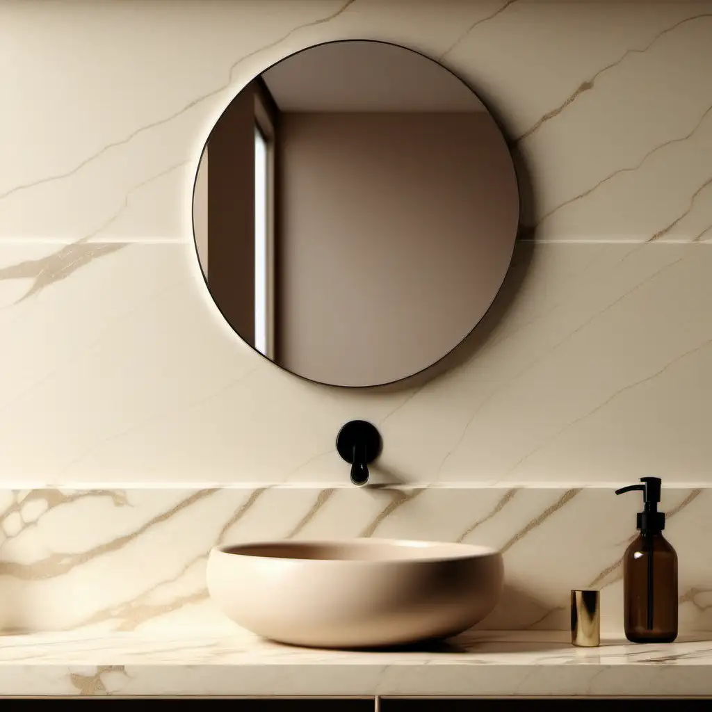Minimalistic Cream Marble Bathroom Shelf and Mirror Closeup