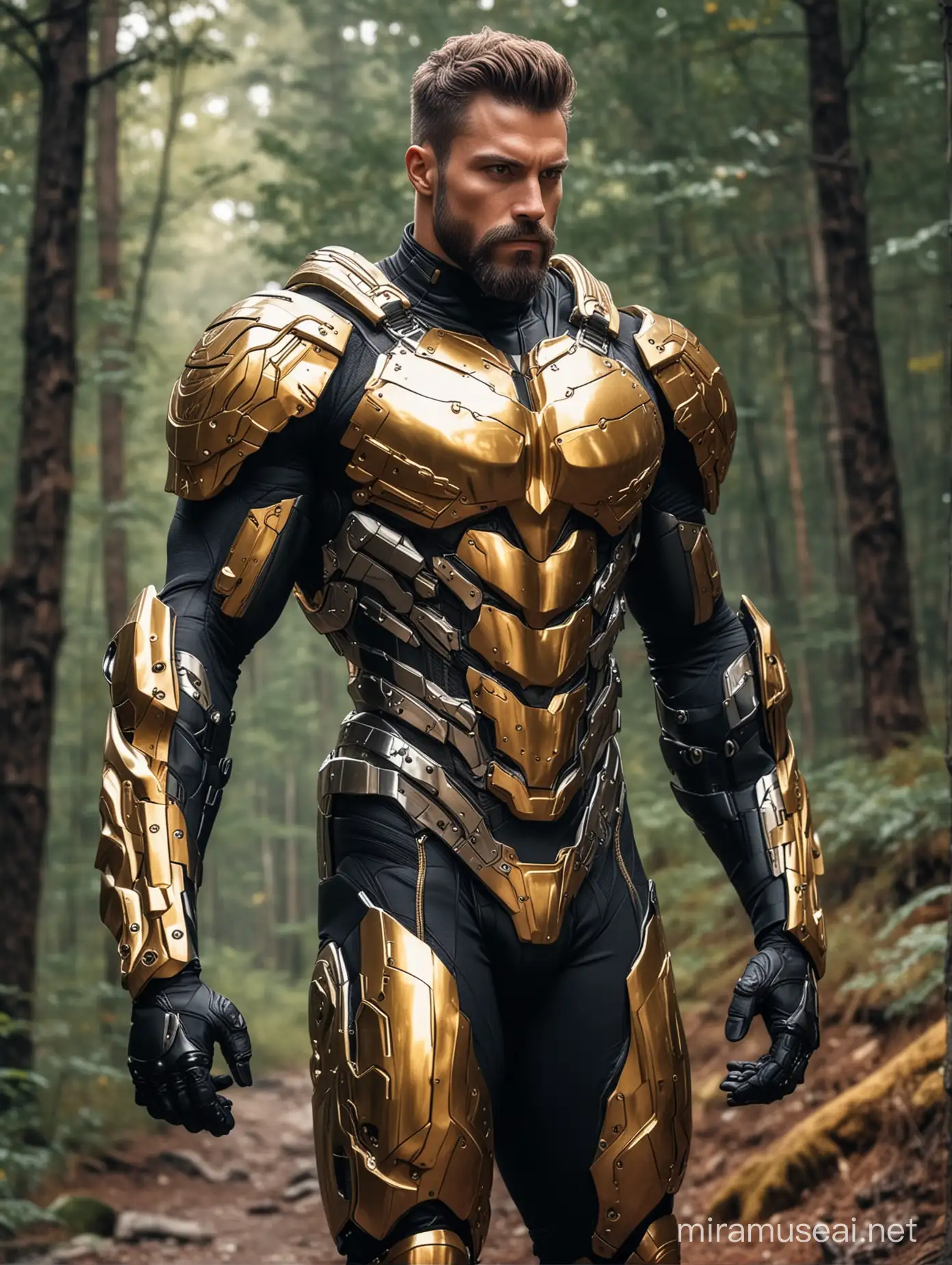 Tall and handsome bodybuilder men with beautiful hairstyle and beard with attractive eyes and Big wide shoulder and chest in sci-fi High Tech golden, sliver and black armour suit with firearms walking on mountain in forest 