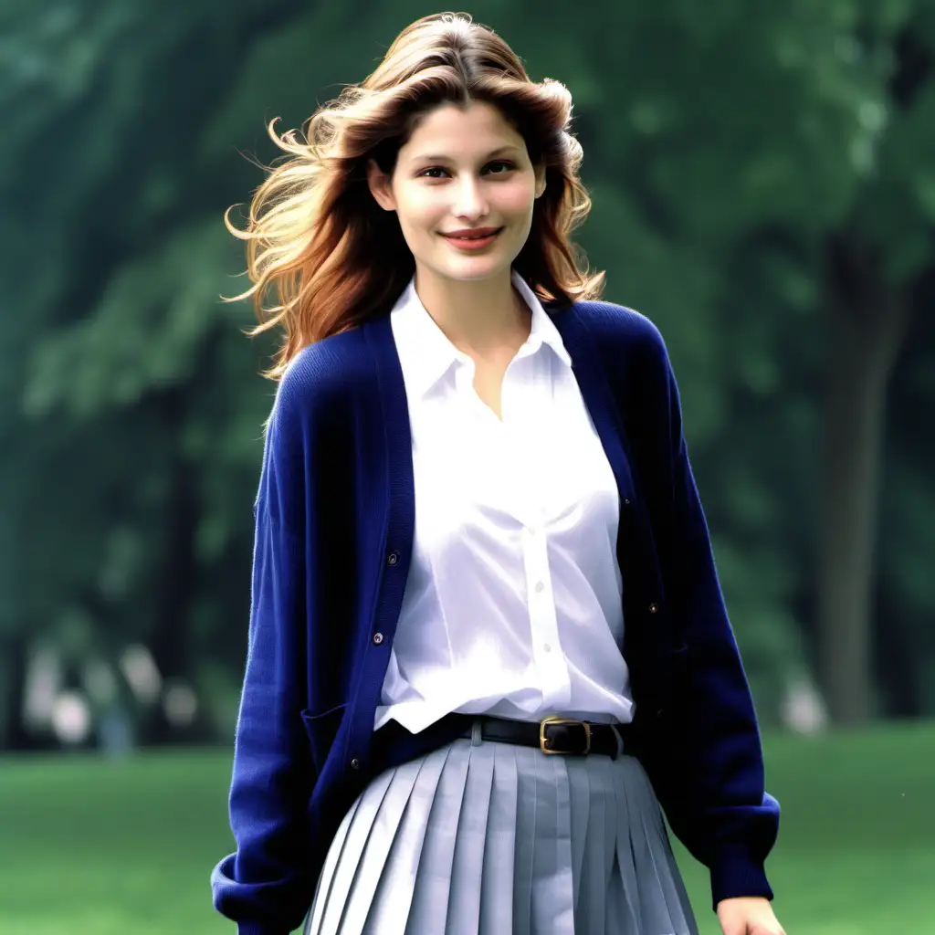 Laetitia casta in her 18's, angelic smile, in very brightly park, long sleeved navy blue wool open cardigan and white polyester shirt blouse and grey pleated short skirt 