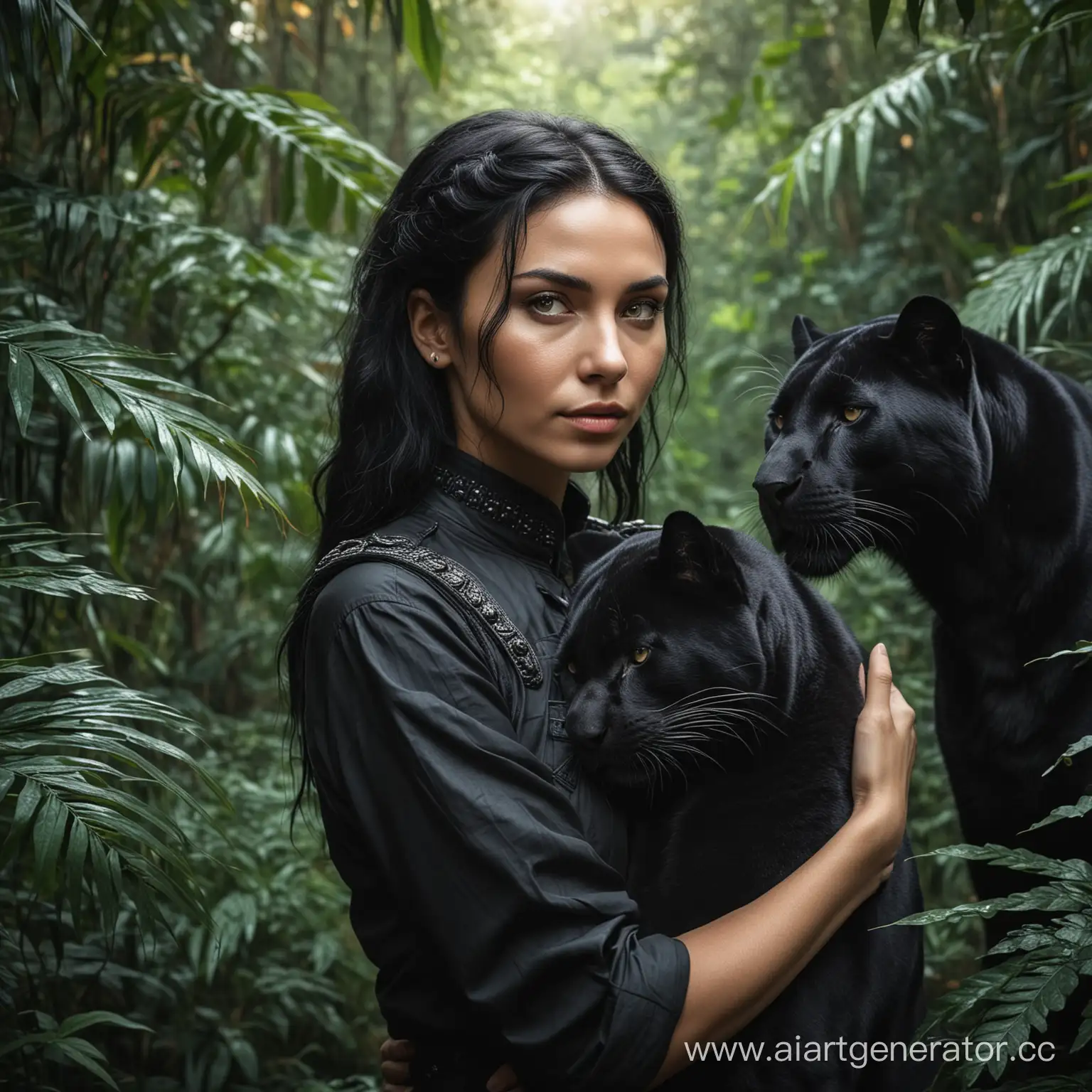 Женщина с черными волосами русской национальности стоит в джунглях и обнимает черную злую черную пантеру. Одежда в стиле амазонки