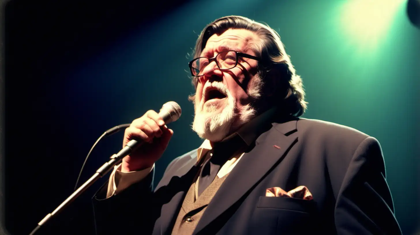 Ricky Tomlinson Rocking the Stage with Clear Facial Features and Retro Vibes