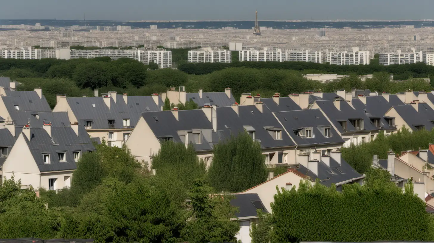 Paysage urbain de zone pavillonnaire parisienne grand couronne vers Melun ,  de maisons individuelles avec toits en tuiles, très très  peu dense,  avec de zones arborées  à l'horizon et lointaines , soleil rasant , parisienne , vue hauteur depuis les toits des maisons avec de la végétation aussi en premier plan