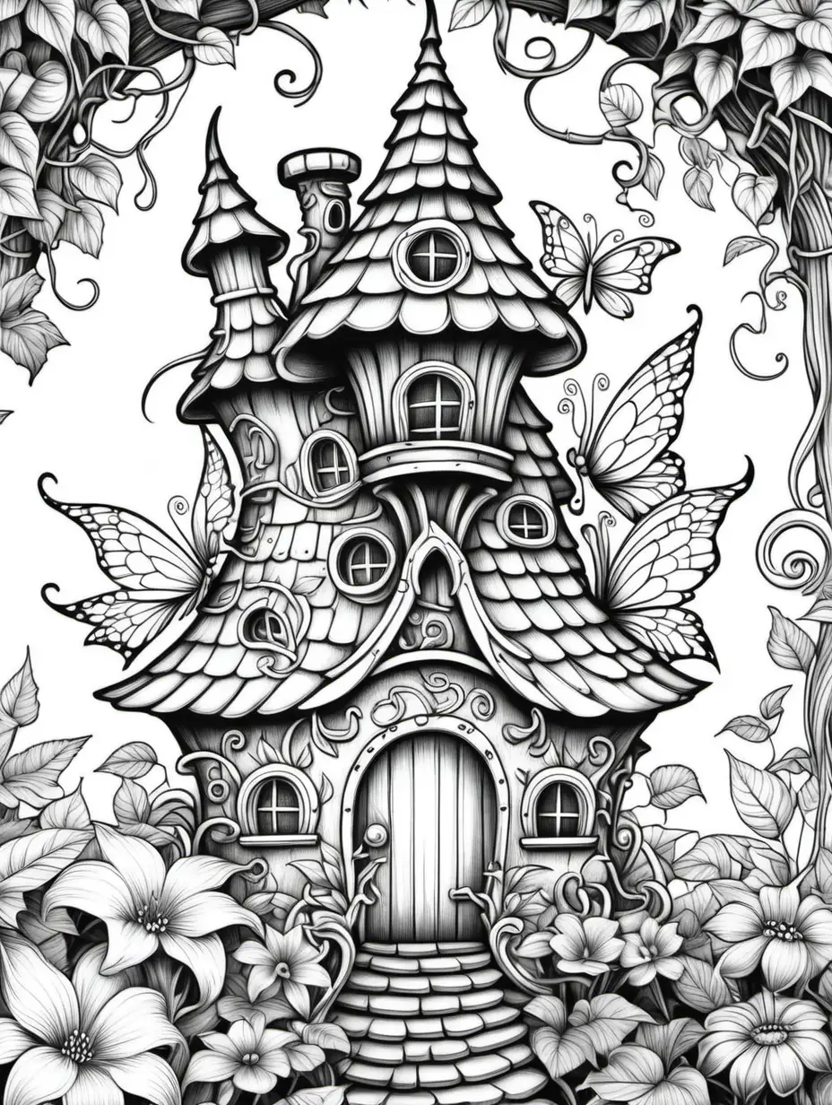  adult coloring book, fantasy fairy house with vines and large flowers growing from the roof, high detail