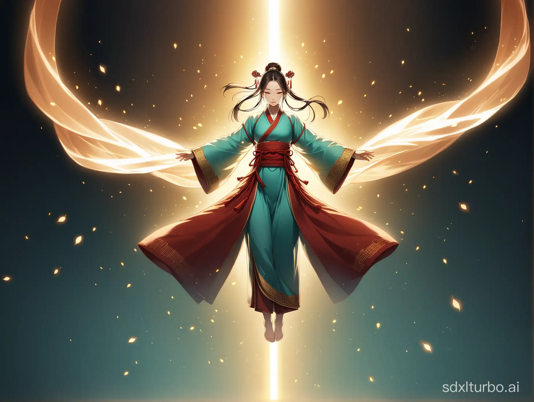 A figure wearing ancient Chinese clothing, facing forward, floating in mid-air, emitting light from their body.